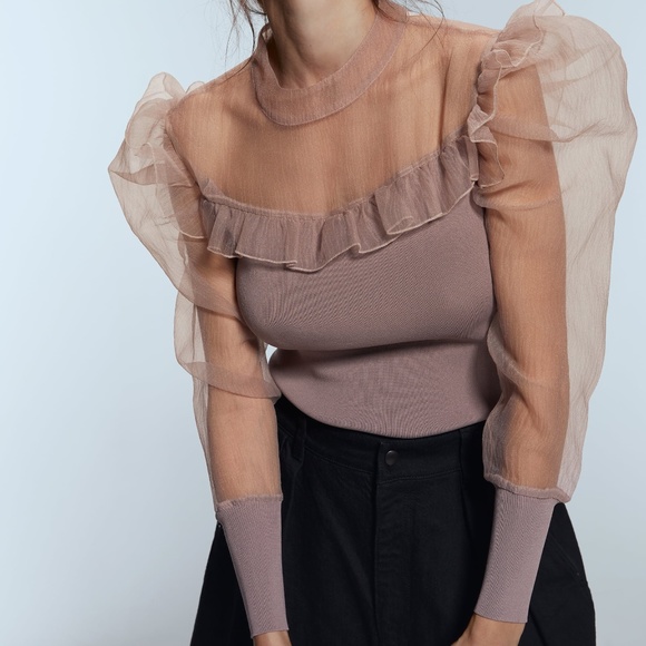 Zara Tops - ZARA DUSTY PINK KNIT BANDAGE CHIFFON RUFFLE ORGANZA LONG SLEEVE TOP BLOUSE $69.9